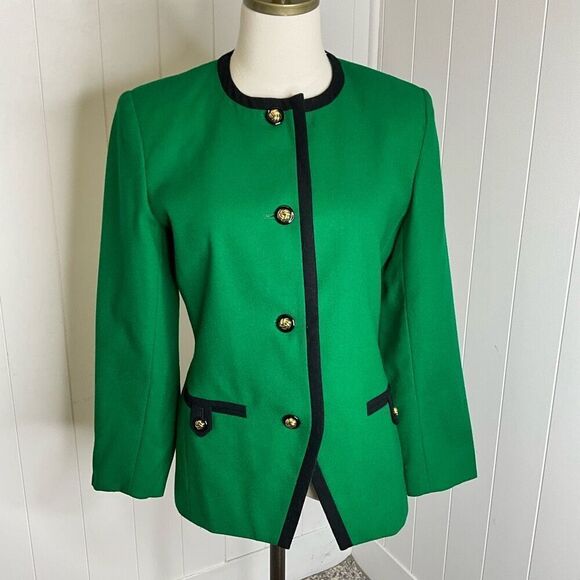 Vintage Kasper Women's Size 4 Green Black 100% Wool Regal Blazer Jacket USA - Picture 1 of 16